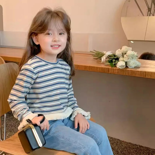 Children's T-Shirts Children's Striped Long-sleeved Baby Girls T-shirt Tassel Cuff Crew Neck Top Girl Clothes