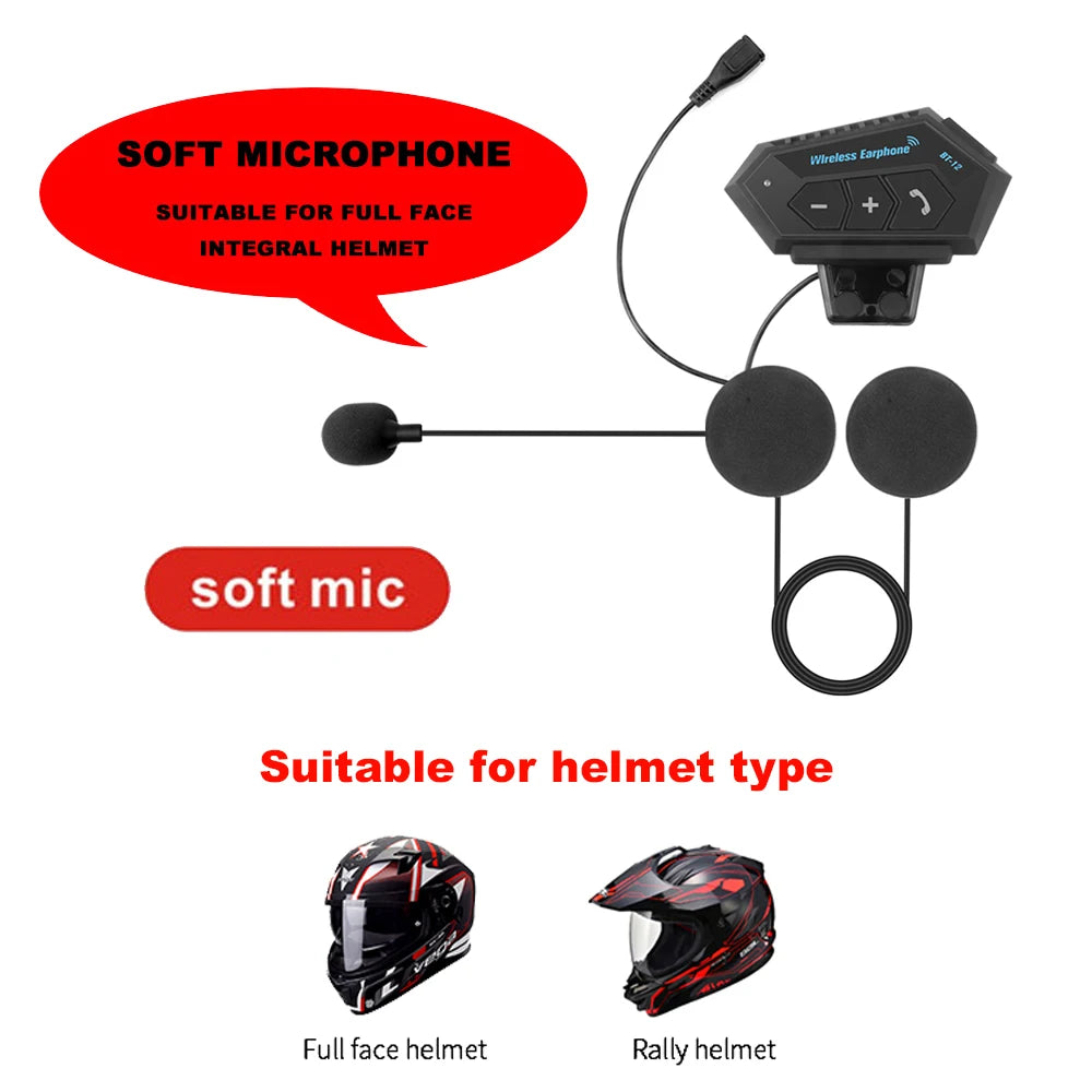BT12 Motorcycle Helmet Headset Stereo Bluetooth Earphone Wireless Handsfree Mic Headphones Music Player For Motorbike Rider