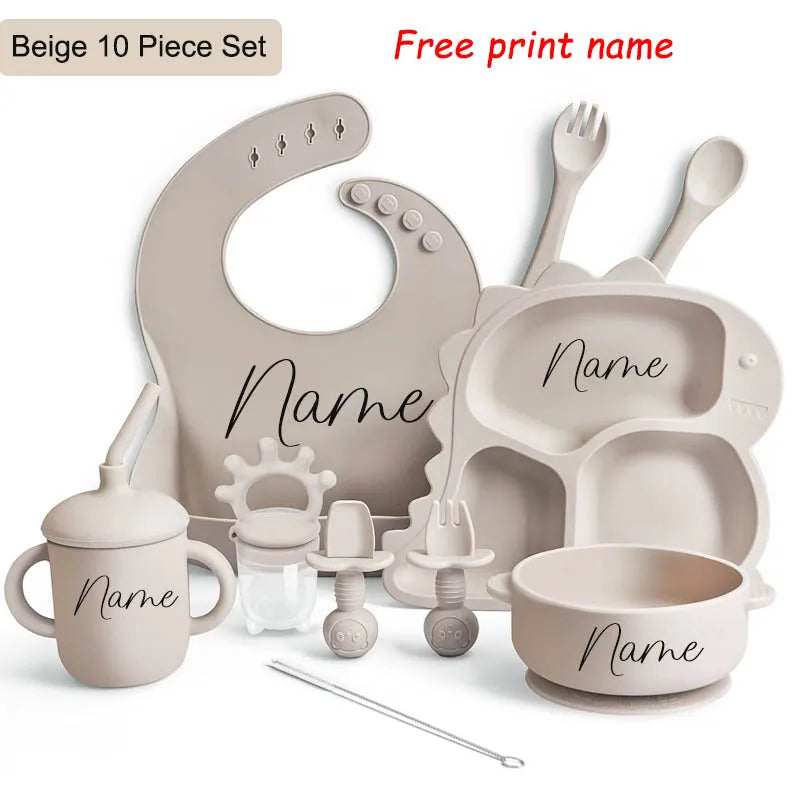 Baby Silicone Tableware Dinosaur Plate Dishes For Kids Personalized Name Baby Feeding Sets Fruit Feeder Baby Led Weaning Supplie