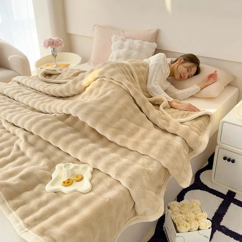 Modern Lightweight Luxurious Solid Color Rabbit Blanket Double-Sided Thick Winter Warm Knee Pads Suitable Bedroom Blankets