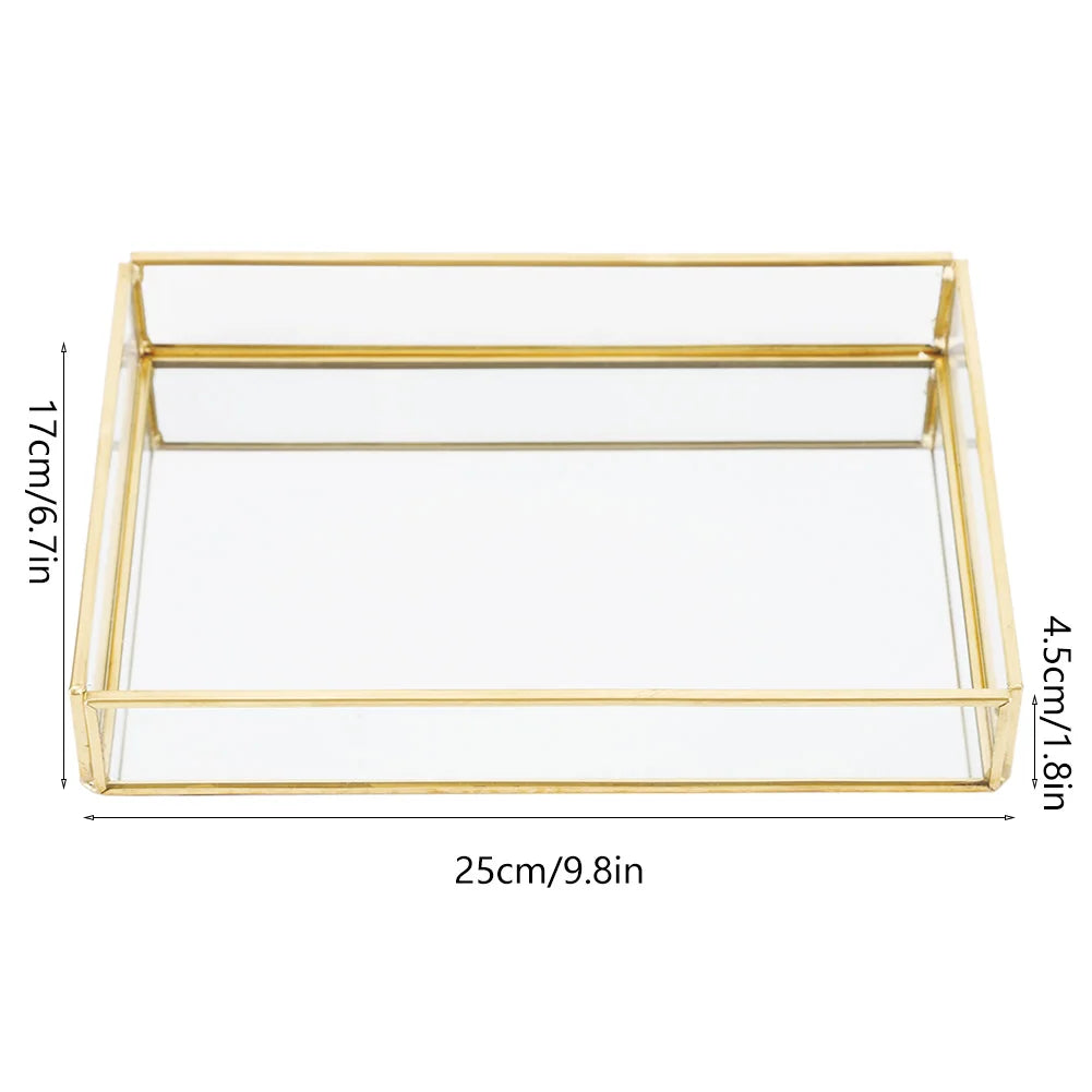 Cosmetics Storage Box Vintage Metal Glass Gold Tray Jewelry Large Capacity Cosmetics Display Boxes for Bedroom Bathroom
