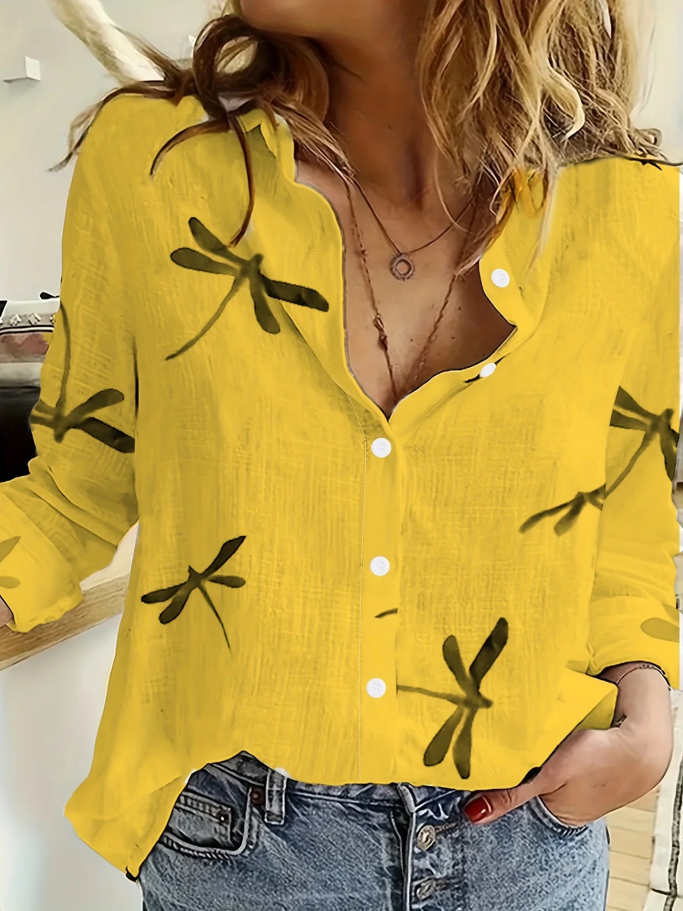Women's Casual Dragonfly Print Blouse Lapel Neck Blouse Women Long Sleeve Shirts Womens Clothing Casual Clothes Female Clothing