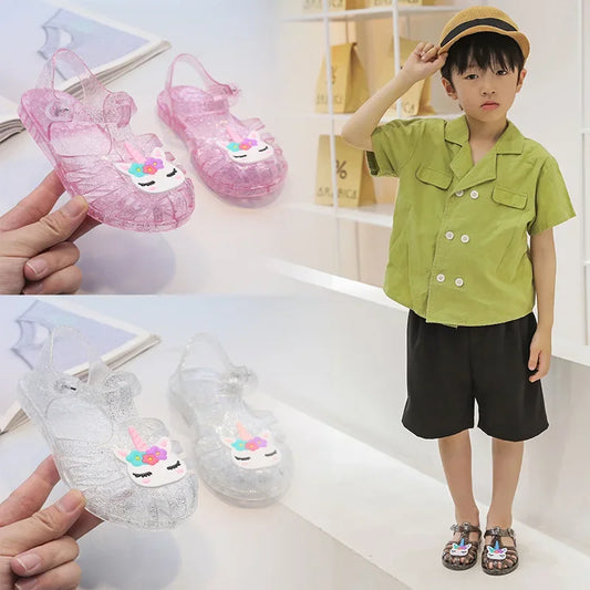 New Child Sandal Cute Girl Boy Beach Cave Shoe Transparent Glitter Jelly Crystal Kid Princes Shoe Breathable Roman Beach Sandal