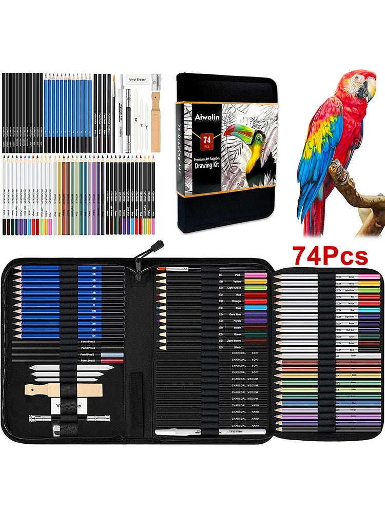 74 Art Set Drawing Supplies - Pro Sketching Kit for Artists Adults , Charcoal, Watercolor, Metallic Colored Pencils in Gift Case