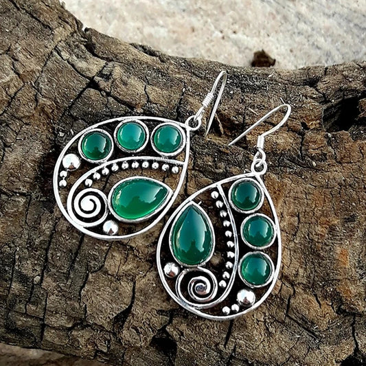 Vintage Waterdrop Metal Artisan Carved Spiral Earrings Set Green Round Stone Hook Drop Earrings Women