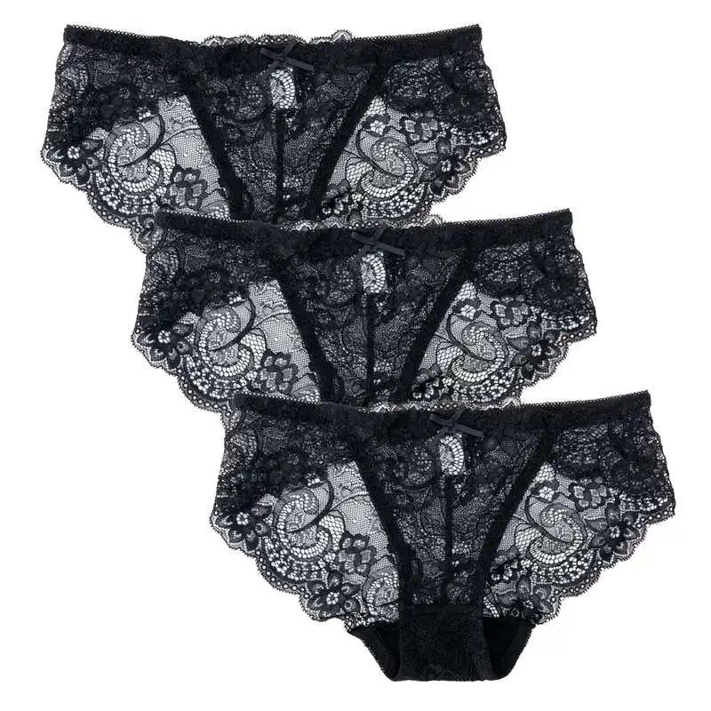 3PCS Hollow Out See Through Underpants Comfortable Briefs Sexy Ladies Lace Transparent Panties Low-Rise Lingerie