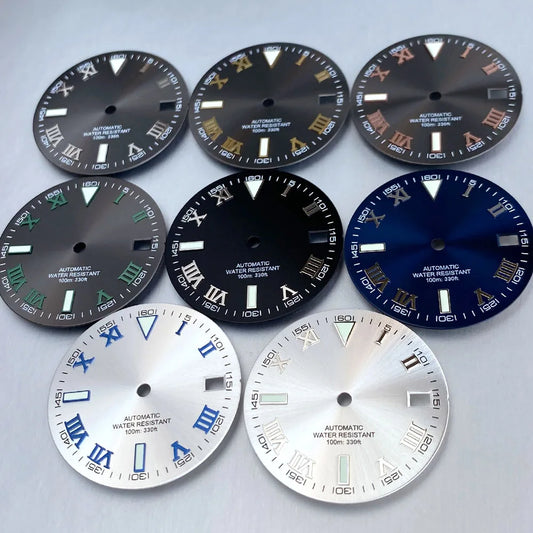 Grey Silver Sunburst 29mm Watch Dial fit NH35 NH35A NH36A Silver/Gold/Rose Gold/Green Roman Numerals Index Hand Set Watch Parts