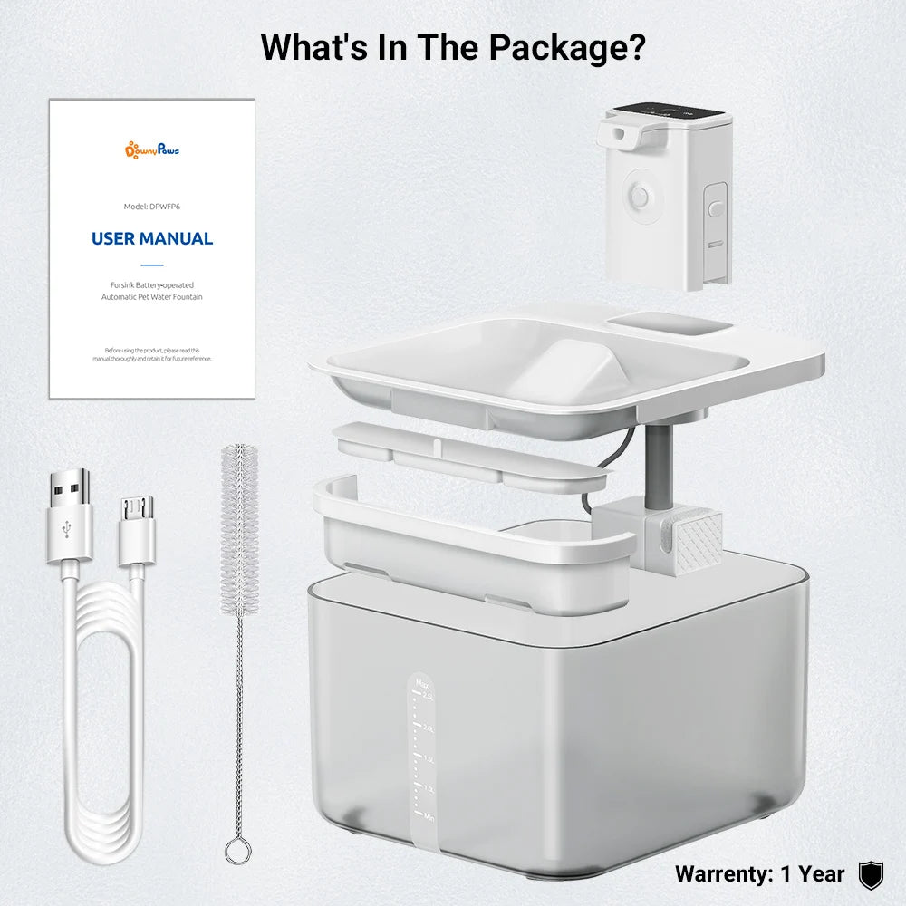 DownyPaws 2.5L Wireless Cat Water Fountain Battery Operated Automatic Pet Water Fountain with Motion Sensor Dog Water Dispenser