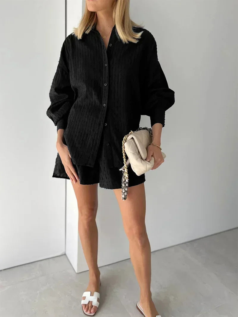 Casual Loose Women Short Two Piece Set Suit Fashion Blouse Long Sleeve Shirt Lady Simple Style Shorts Streetwear Blouse Tops