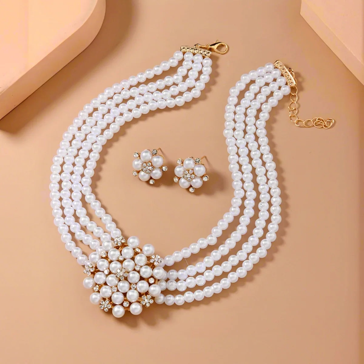 Fashion Jewelry Set Luxury Alloy Rhinestone Flower Imitation Pearl Beaded Choker Necklace And Earrings Women Wedding Accessories