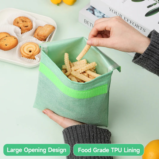 Reusable Sandwich Storage Bag TPU Lining Velcro Snack Bags for Kids Washable Waterproof Food-Safe Reusable Snacks Bags