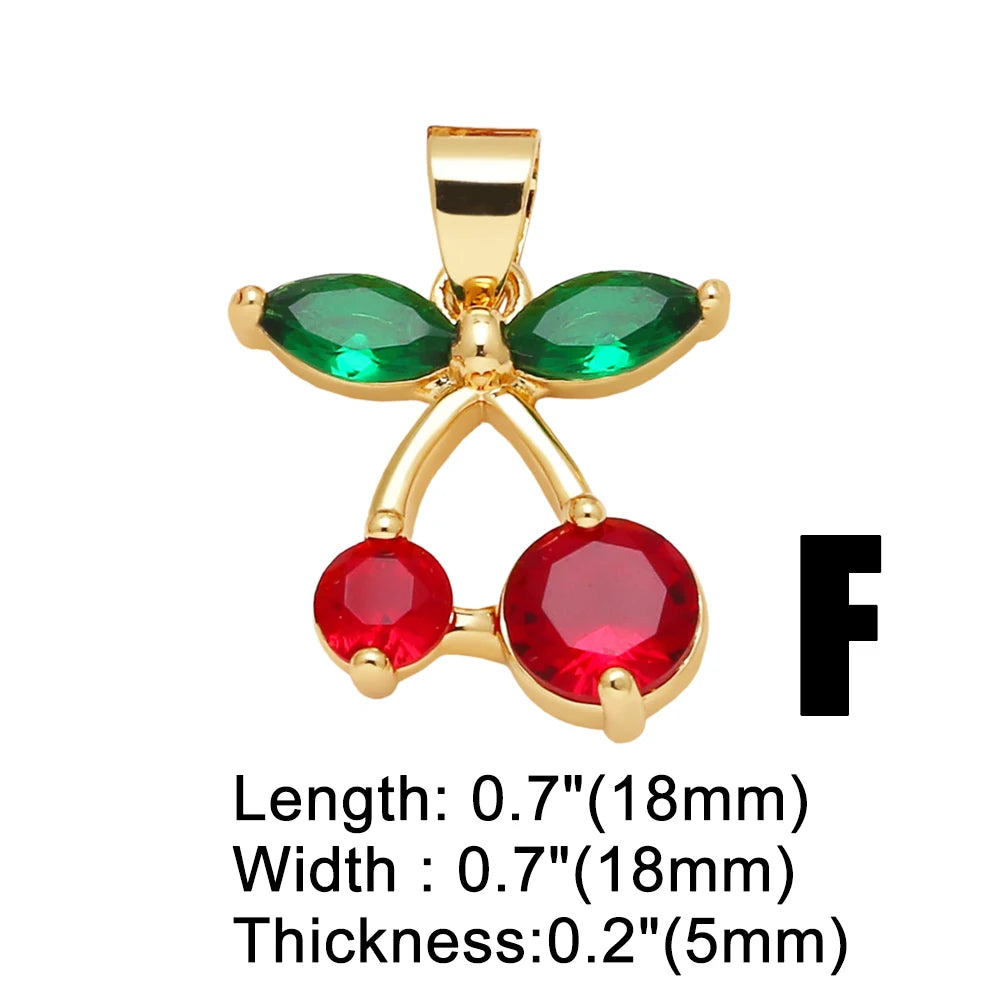 OCESRIO Crystal Green Leaves Cherry Pendant for Necklaces Copper Gold Plated Enamel Fruit Jewelry Making Component pdtb791