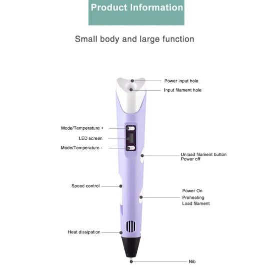 3D Printing Pen 9/50/100/200M PLA Filament LED Display With PU Case DIY Drawing Pens Stimulate Creativity Kids Toys 3D Pen