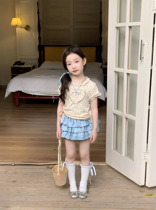 Baby Set 2025 Short Sleeved T-shirts New Summer Floral Top for Girls Solid Cake Skirt Two-piece Set