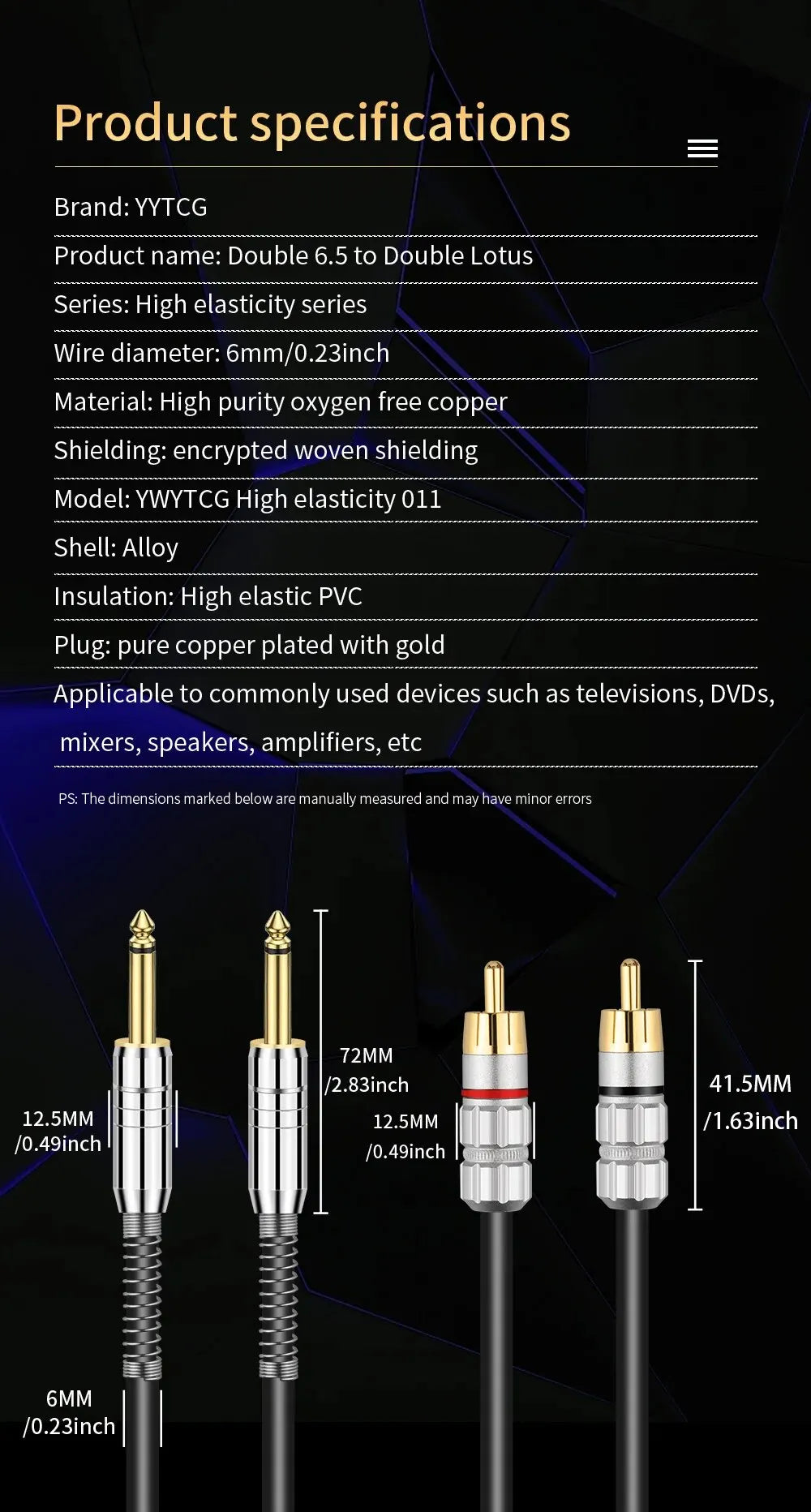 YYTCG 6.35mm Audio Line Cable Stereo Jack Male to 2 RCA Male Cable for PC DVD TV VCR MP3 Speakers Video Audio Cable Cord 1.5m 2m