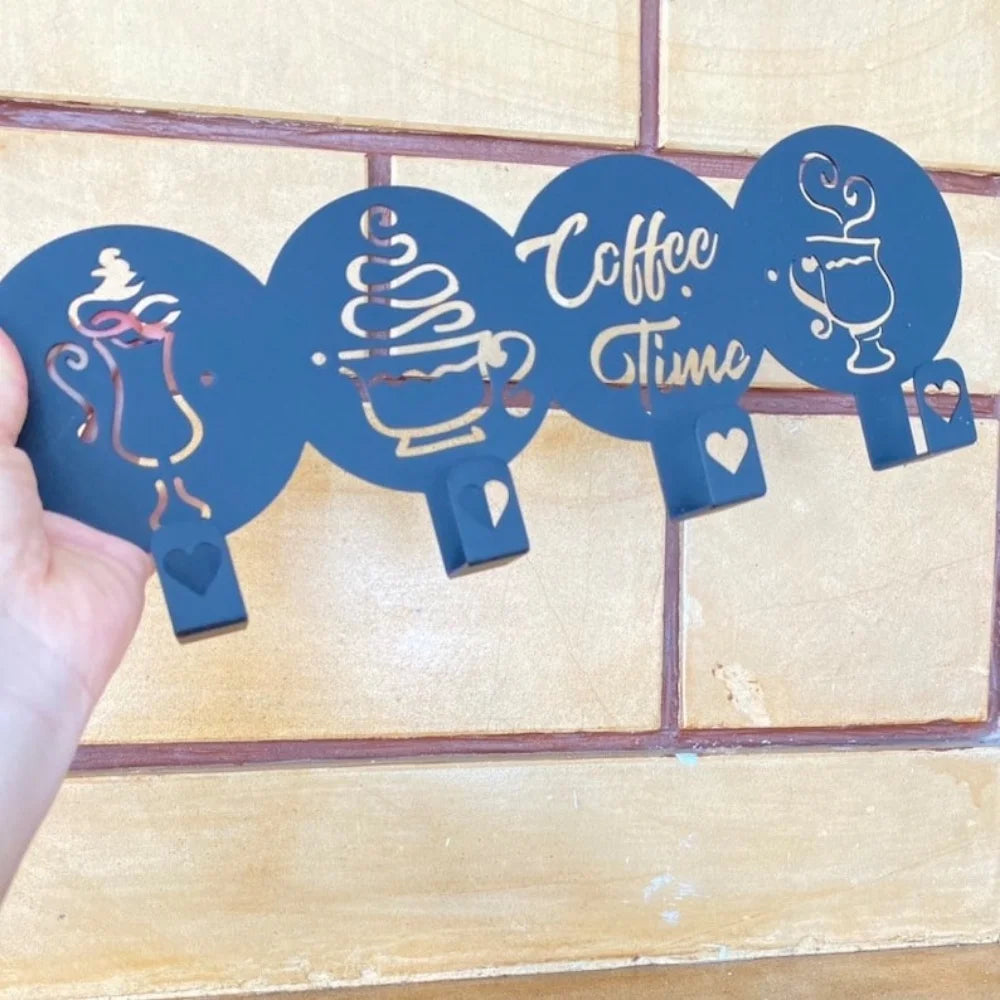 4 Hooks Coffee Time Written, Decorative Kitchen Hooks, coffee Mug Decorated, Mug Holder Towel Holder Iron Crafts,Wall hanging