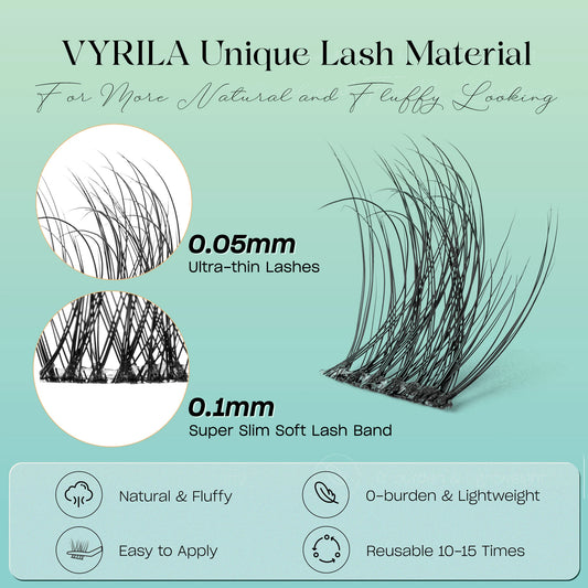 VYRILA Lash Extension Kit Wispy C Curl Lash Clusters Kit Hush 8-16mix Individual Lashes with Lash Bond and Seal Lash Tweezers