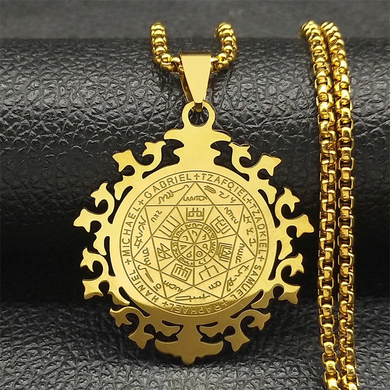 Seven Archangels Amulet Stainless Steel Necklaces Men Seal of Salomon Talisman Christian Protection Jewelry collar hombre N1162