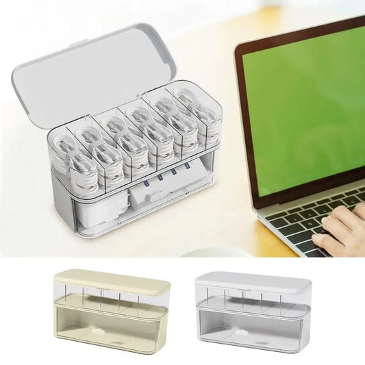 Cable Organizer Box Clear Cord Storage Organizer Cable Management Box with Compartments Charger Wires Case for Drawer Desk