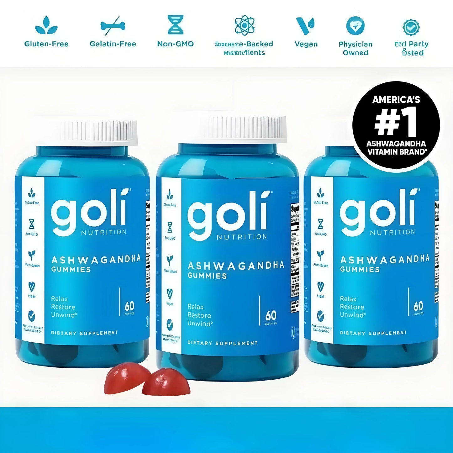 Goli Nutrition Ashwagandha Gummies in Mixed Berry Flavor! 60 Count Each - Support Wellness with Every Chew