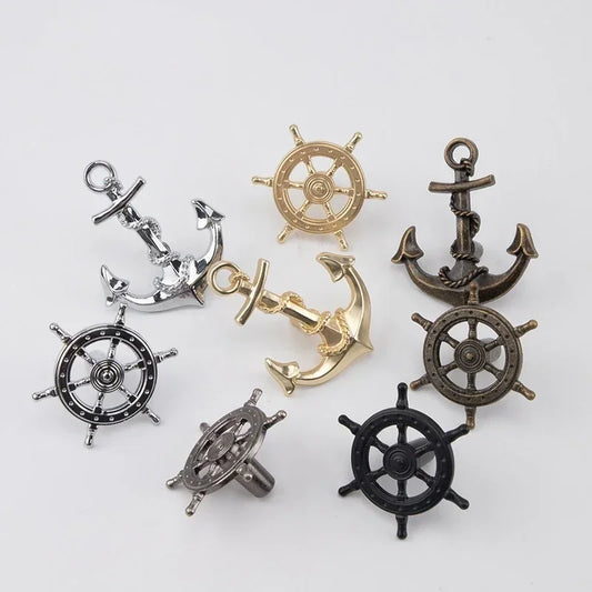 Vintage Anchor Ship Wheel Cabinet Handle - Antique Brass Single Hole Pull for Wardrobe/Cabinet, Nautical Drawer Hardware
