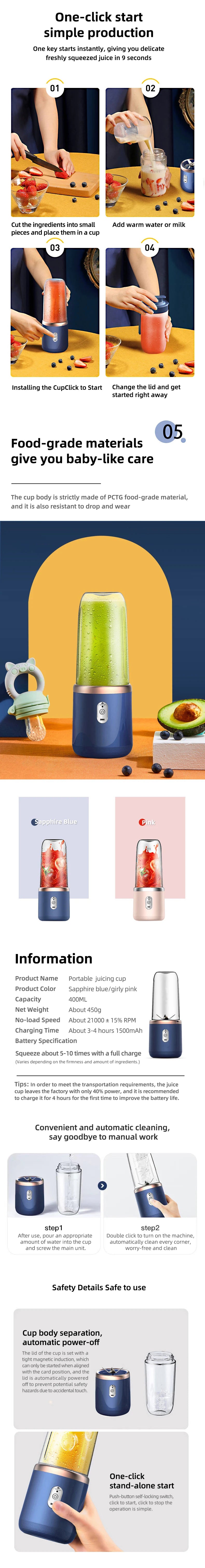 40W Portable Blender Cup with Sharp Blades 1500mAh Battery Double Cups for Smoothie Juice Shakes Travel Camping Picnic Home Use