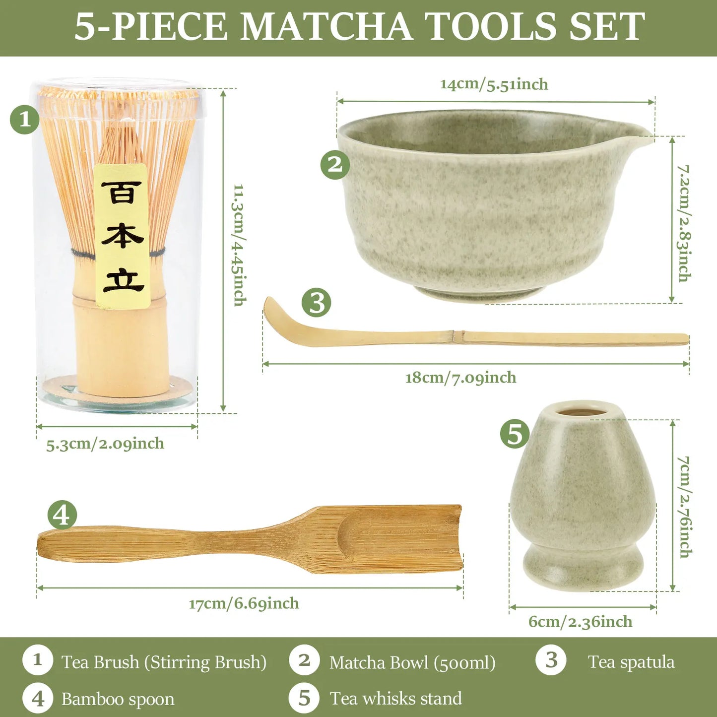 5 Pcs Matcha Set Includes Matcha Bowl with Spout Matcha Whisk Holder Bamboo Matcha Whisk Spoon and Tea Scoop Complete Japanese