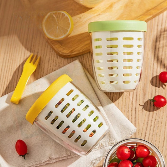 Salad Cup With Fork Cylindrical Plastic Fruit Cup Multifunctional Drainage Function Salad Container, Portable Lunch Box