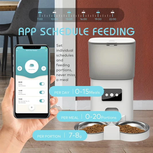 Tuya Automatic Pet Feeder 6L Capacity Food Quantitative Dispense Double Stainless Steel Bowl Record Time Feed Remote APP Control