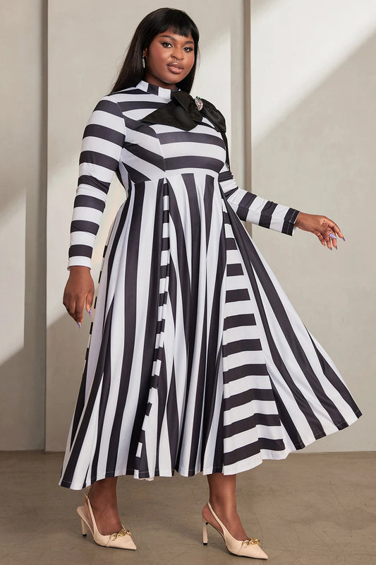 Plus Size Semi Formal Maxi Dresses Elegant Black White Striped Fall Winter Mock Neck Long Sleeve Bow Tie Knitted Maxi Dresses