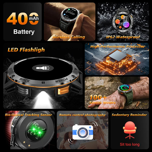 New Military Sports GPS Smart watch AMOLED HD IP68 outdoor NFC Sport Watch Fitness tracker Health monitor BT call LED flashlight