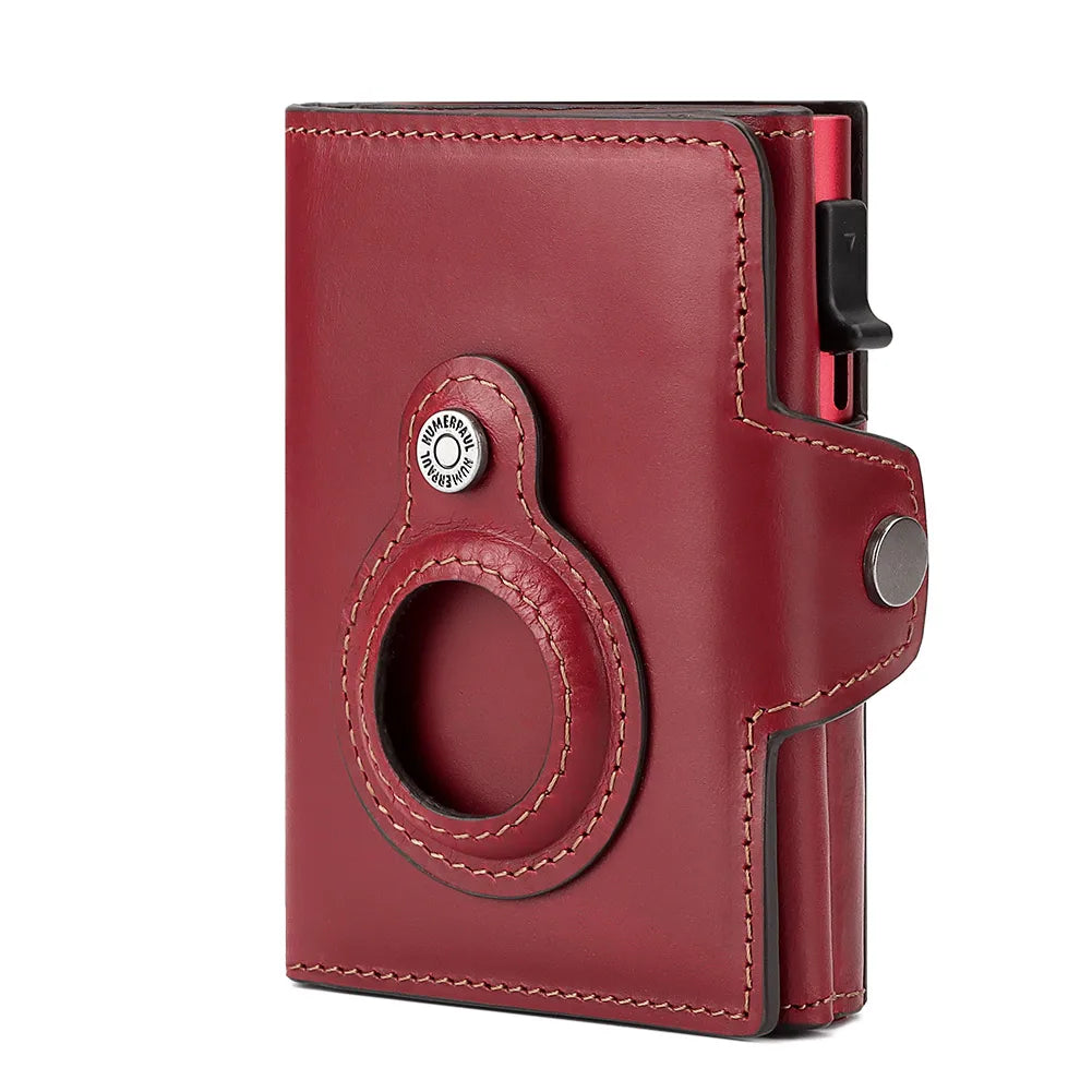 Cowhide Leather Men's Wallet RFID Blocking Protect Cardholder Automatic Card Case for Women with Apple AirTag Holder