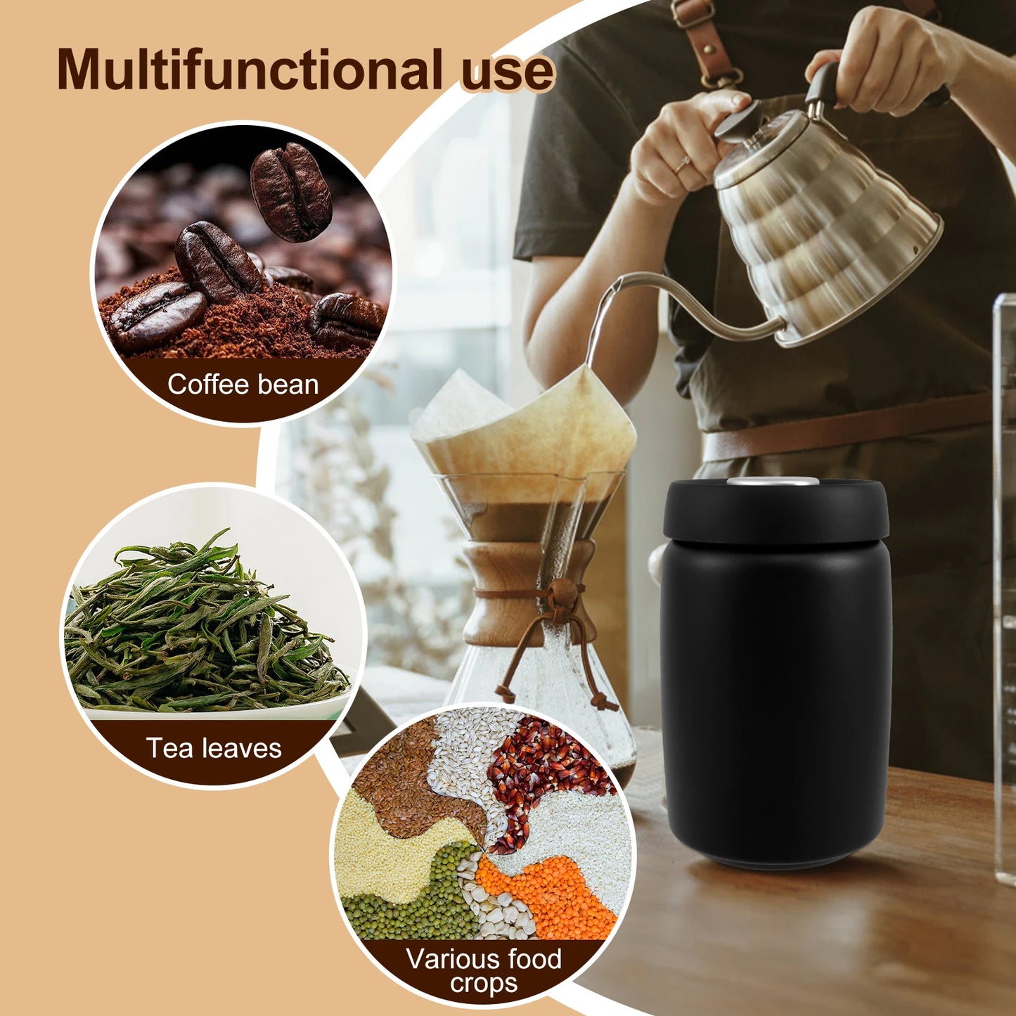 1200ml Vacuum Sealed Jug Coffee Beans Stainless Steel Canister Food Grains Candy Storage Jug Keep Fresh Moisture-proof