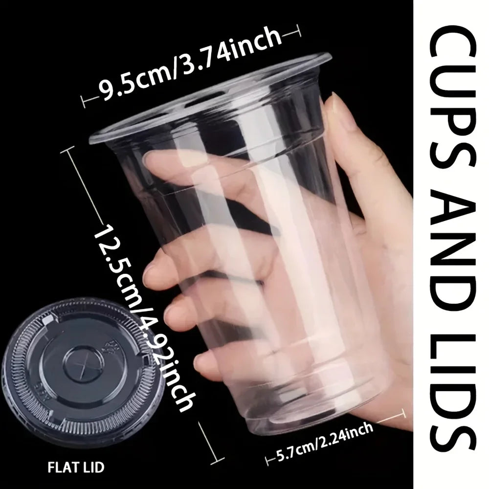 50pcs/Set 12/16OZ Plastic Cups With Lids Disposable Cups For Iced Coffee Smoothie Milkshake Cold Drinks Birthday Party Supplies