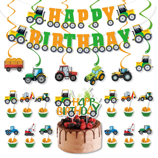 Farm Green Tractor Supplies Tractor Balloons Banner Hanging Swirl Cupcake Toppers Tractor Farm Themed Birthday Party Decorations