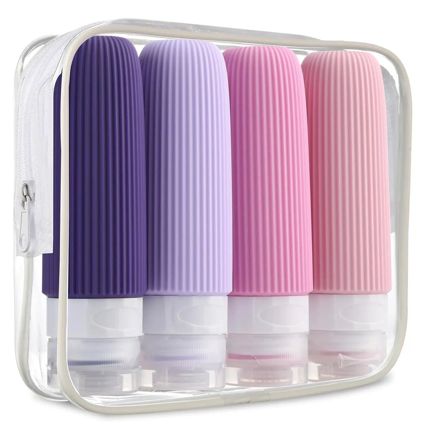 Travel essential bottle set, portable leak-proof silicone squeeze storage bag, containing transparent shampoo, conditioner, body
