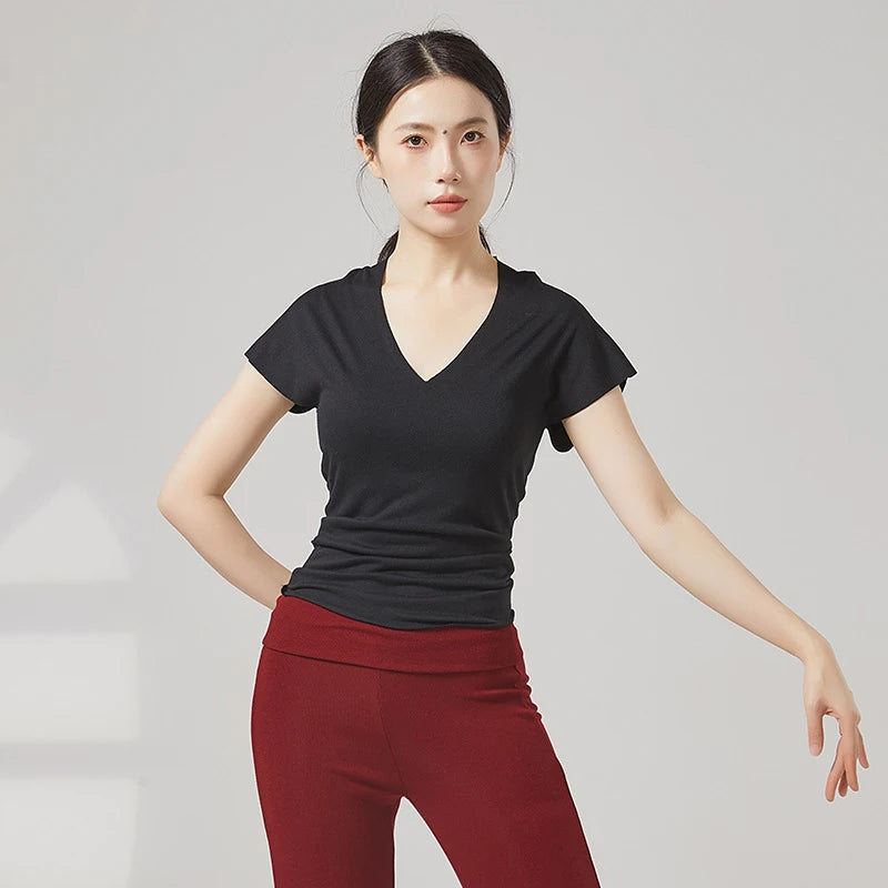 Modern Dance Clothes Women V-Neck Seamless Short Sleeve T-Shirt Elegant Stage Costume Basic Training Tops Casual Summer Blouse