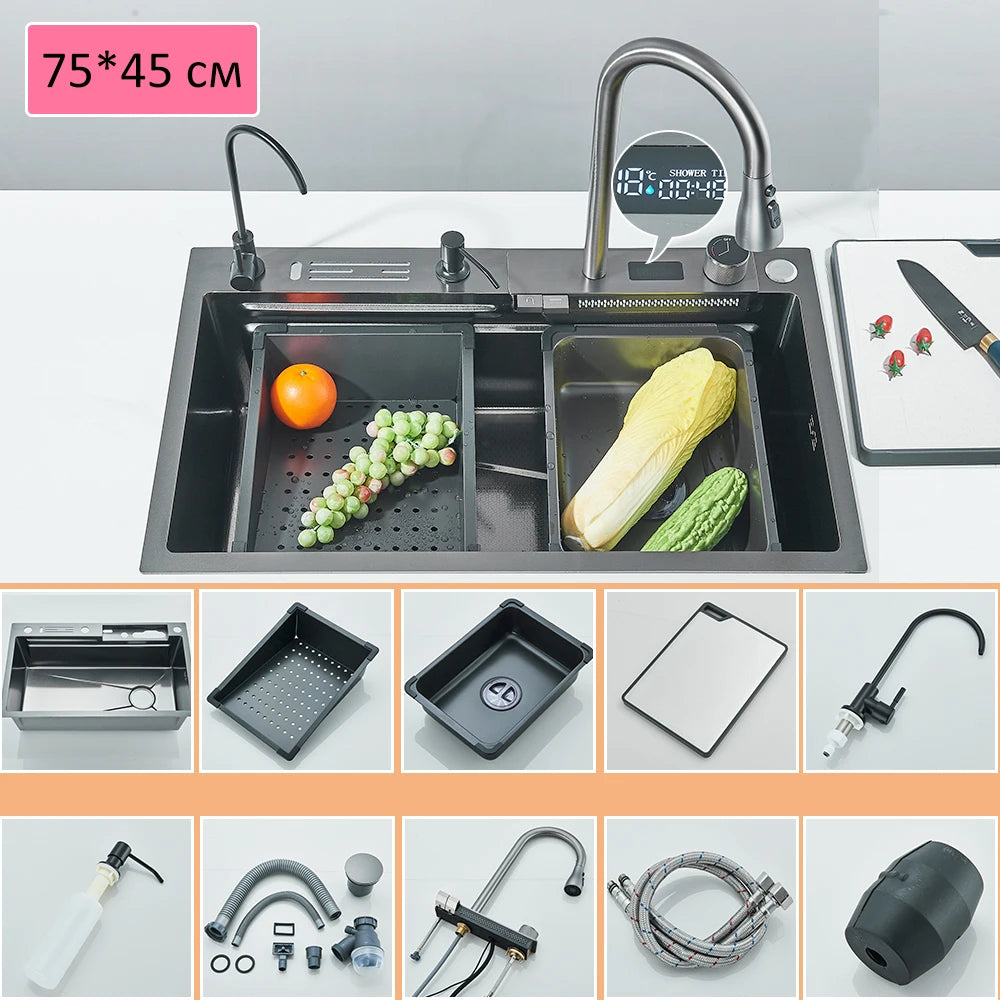 304 Stainless Steel Waterfall Kitchen Sink Large Single Slot Integrated Digital Display Faucet Set Soap Dispenser Cup Washer