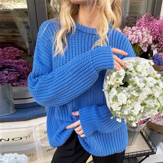 Women O-neck Long Sleeve Knitted Sweaters Autumn Winter Loose Knit Pullovers Lazy Style Oversized Sweaters Christmas Clothes