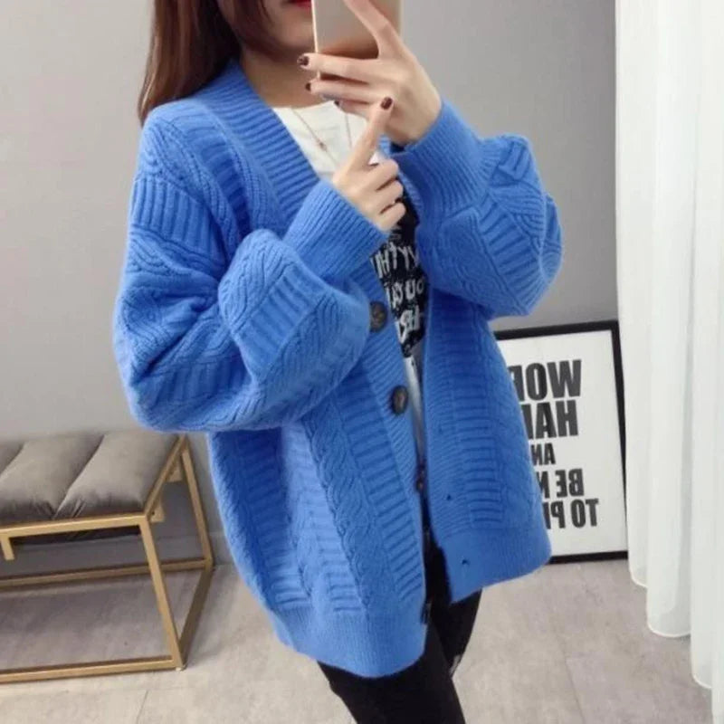 Oversized Knit Sweater Coat Women Autumn Winter Long Sleeve Twisted Sweaters Cardigan Woman Wild Solid Color Cardigans Ladies