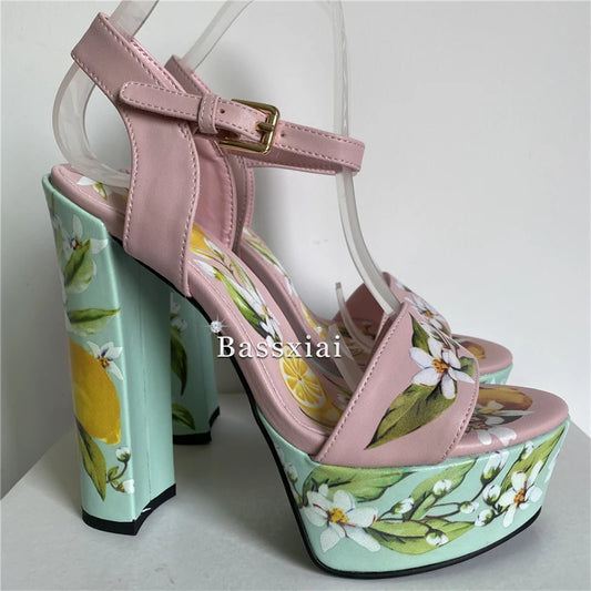 2025 Print Flower High Platform Sandals Women Chunky Heel Genuine Leather Ankle Strap Party Shoes Summer