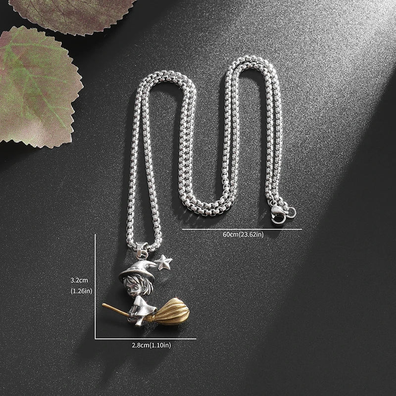 Exquisite Witch Broom Necklace Cute Magic Girl Pendant Men Women Rock Party Trendy Jewelry Halloween Gift