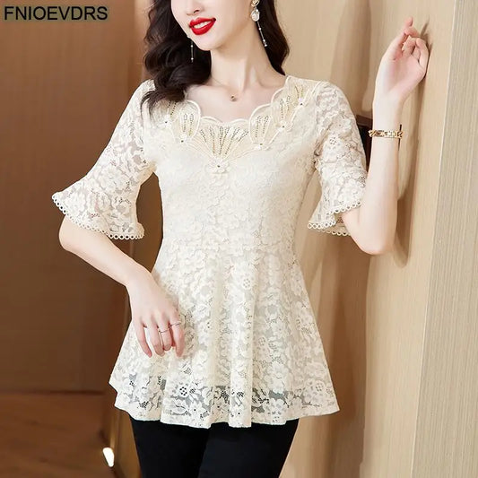 Office Shirts Basic Wear New Design 2025 Women Elegant Fashion Work Lady Bling Beaded Flare Sleeve Lace Tops Blouses
