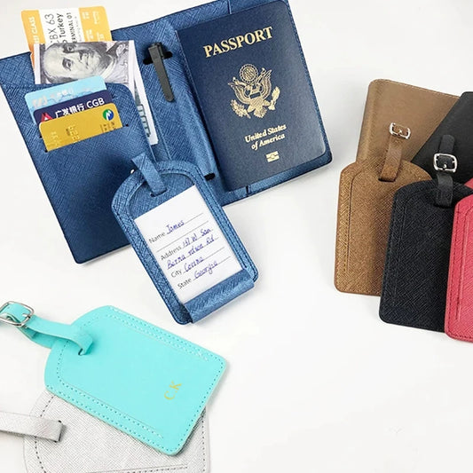 Custom Initials Travel Passport Holder Set Fashion Luxury Portable Luggage Tag Leather Passport Cover Trip Essential Accessories