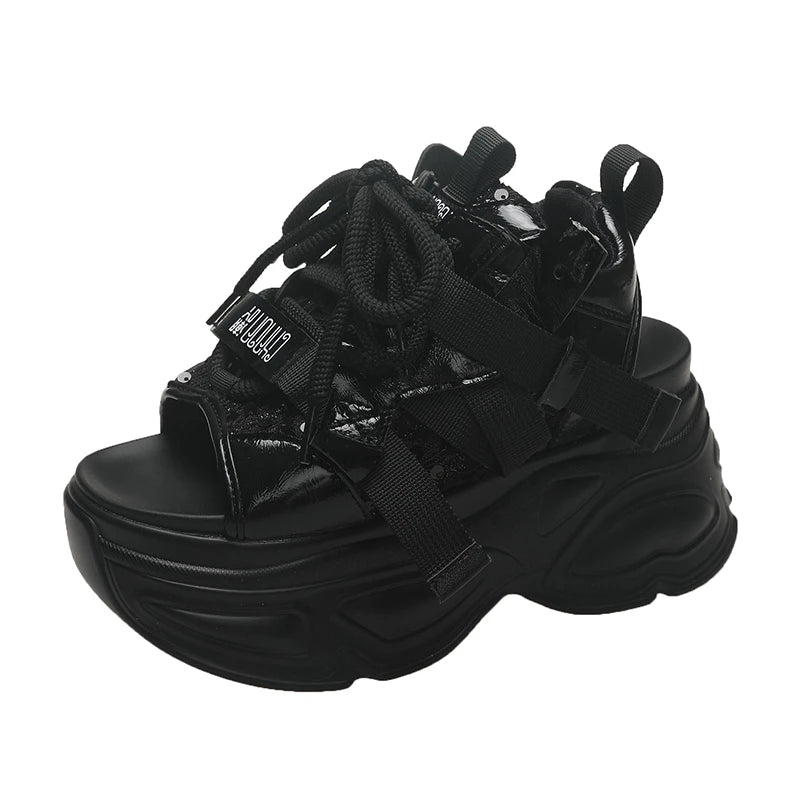 8.5cm Summer Women Leather Chunky Sandals High Platform Trainers Breathable Casual Slippers Shoes New Woman Heels Wedge Sneakers