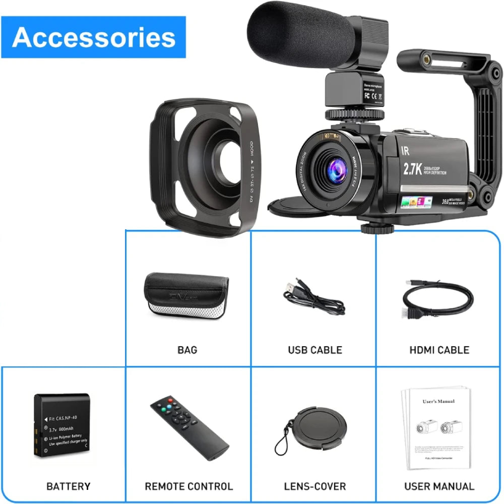 2.7K Camcorder Video Camera 36MP with LED Fill Light,16X Digital Zoom Camera Recorder 3.0" IPS Touch Screen Vlogging Camera Kit