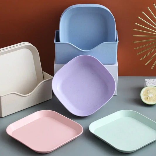 Reusable Food Serving Dishes with Rack, 10Pcs Square Wheat Straw Plates Salad Bowl