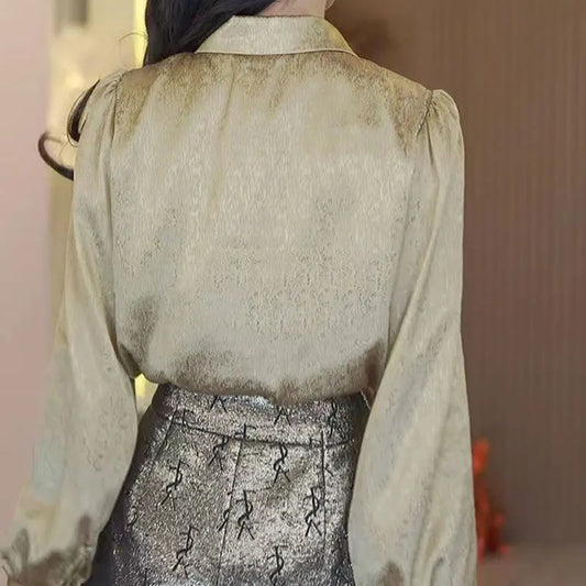 Office Lady Elegant Ruffles Patchwork Shirt Spring Autumn Fashion Sequined Female Clothing Lapel Commute Single-breasted Blouse