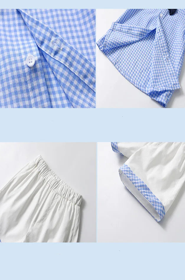 Summer Baby Boys Birthday Clothes Set Children British Style Blue Plaid Shirt with Pants Infants Top Shorts and Bow Kids Outfits