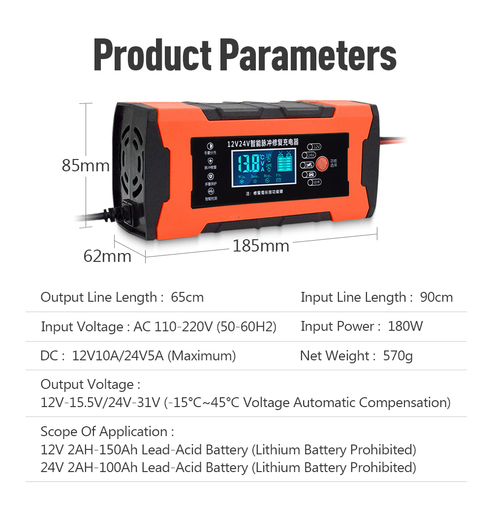 Car Battery Charger 12V 10A 24V 5A Automotive Digital Display Detection Pulse Repair Car Chargers Motorcycle Car Accesorries